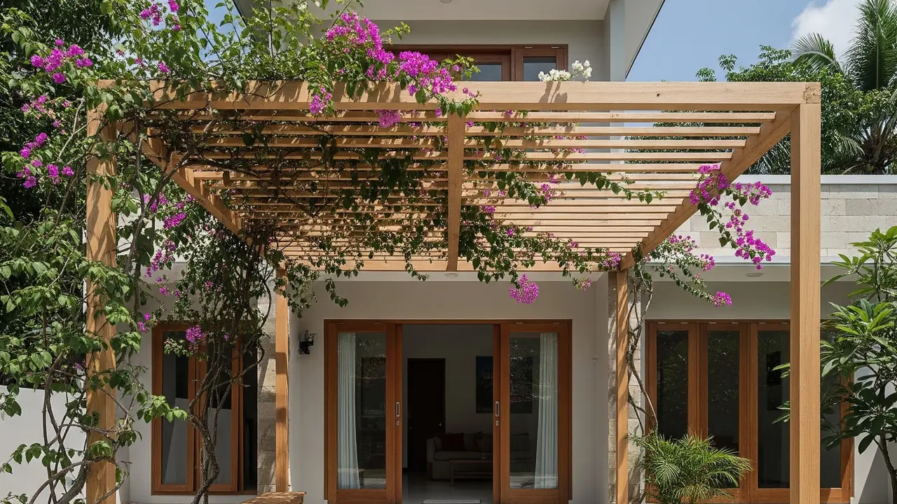 Model Pergola Kayu Alami dengan Tanaman Rambat (Gemini AI)