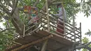 Dua murid SD sedang membaca buku di atas pohon di sekolah alam Sukawangi, Kabuapaten Bekasi, Jawa Barat, Senin (30/11/2020). Kegiatan bermain di alam terbuka menjadi solusi bagi para murid untuk menghilangkan rasa jenuh usai belajar dimasa pandemi COVID-19. (Liputan6.com/Herman Zakharia)