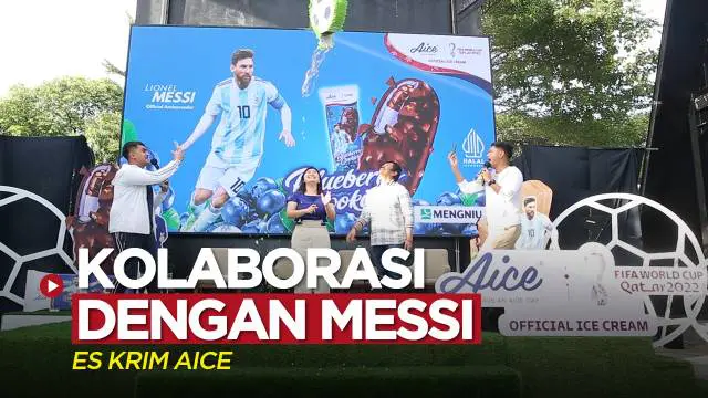 Berita video acara peluncuran produk es krim kolaborasi Aice dengan bintang Timnas Argentina, Lionel Messi, pada Selasa (22/11/2022) sore hari WIB.