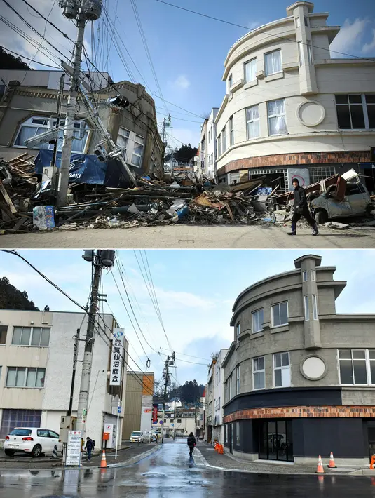 Foto kombinasi menunjukkan seorang yang selamat (atas) berjalan melewati puing-puing dan bangunan yang runtuh di Kesennuma, Prefektur Miyagi pada tanggal 18 Maret 2011; dan area yang sama (bawah) hampir 10 tahun kemudian pada 27 Januari 2021. (AFP/Kazuhiro Nogi, Philippe Lopez)