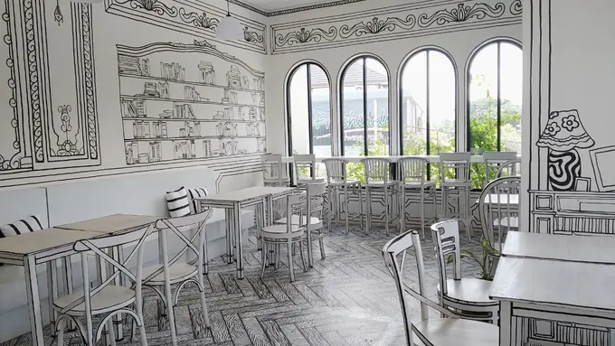 Cafe unik dengan dekorasi interior bertema dunia 2 dimensi yang menarik untuk diintip.
