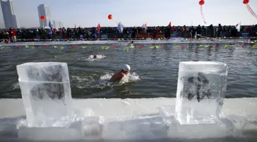 Peserta ambil bagian dalam Kompetisi Renang Es Harbin di Sungai Songhua yang membeku di Provinsi Heilongjiang, China, Senin (5/1/2016). Acara ini diselengarakan dalam rangka pembukaan Harbin International Ice and Snow Sculpture Festival (REUTERS/Aly Song)