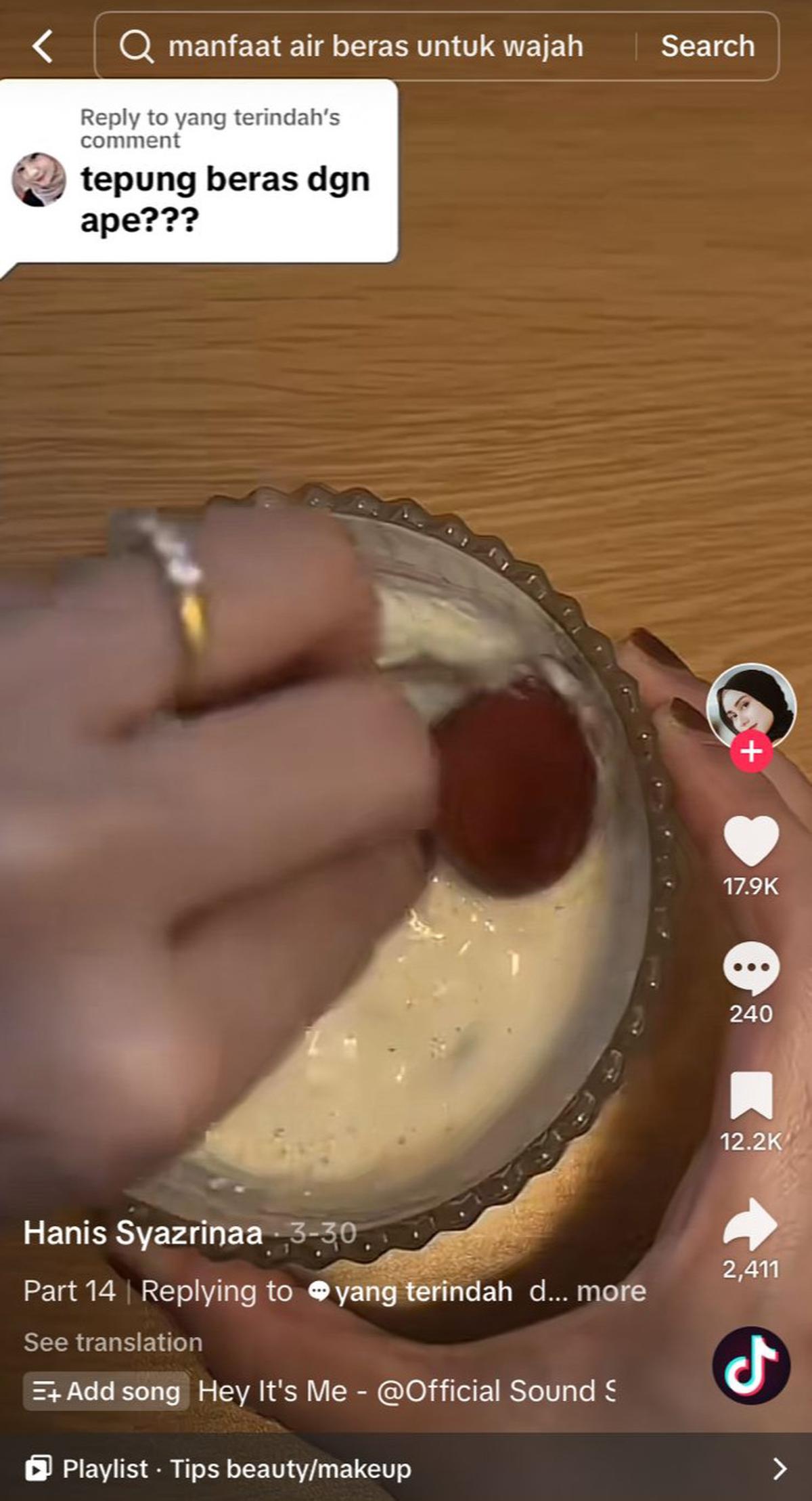 Cara Pembuatan Masker Tepung Beras. (foto: TikTok/hanisyaazrinaa).