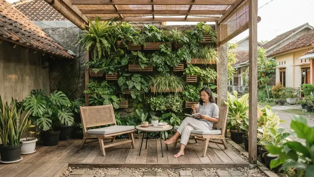 Desain Outdoor Lounge Konsep Japandi untuk Rumah Kecil, Cara Maksimalkan Ruang dan Fungsinya Model Integrasi Kebun Vertikal sebagai Latar Belakang