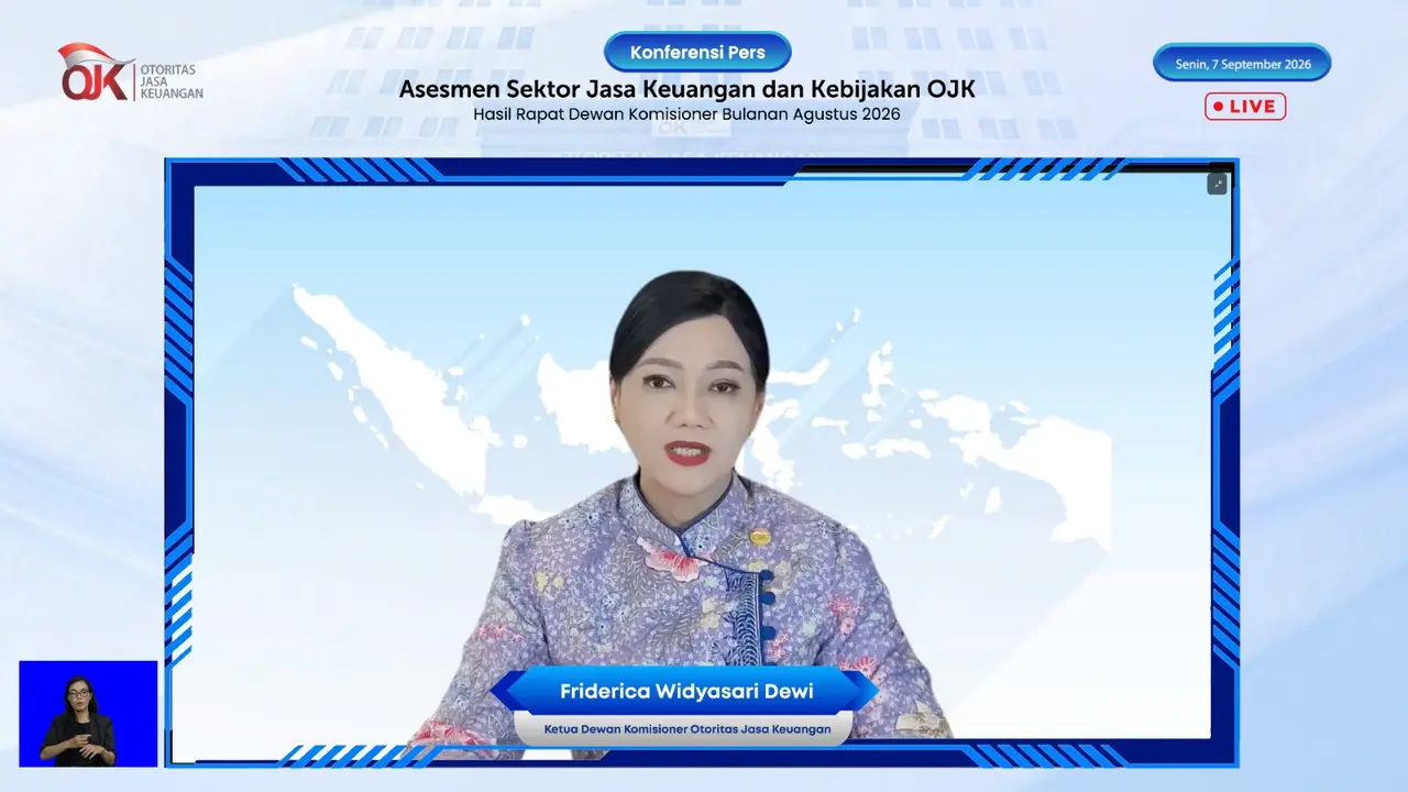 Ketua Dewan Komisioner OJK Friderica Widyasari Dewi dalam jumpa pers hasil Rapat Dewan Komisioner OJK di Jakarta, Senin (7/9/2026). (Dok OJK)