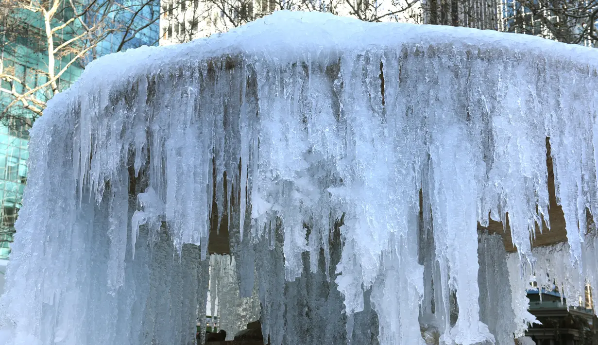 Air mancur Josephine Shaw Lowell yang membeku di Taman Bryant, New York, Selasa (2/1). Cuaca sangat dingin menjadi pembuka tahun baru bagi sebagian besar warga di wilayah tengah dan utara Amerika Serikat. (AFP PHOTO / TIMOTHY A. CLARY)