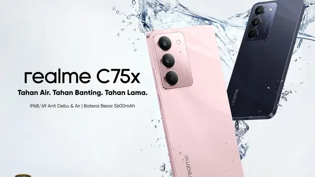 Realme C75x akan dirilis pada 27 Februari mendatang. Smartphone ini menawarkan ketahanan air dan debu berkat sertifikat IP69 (Foto Realme).