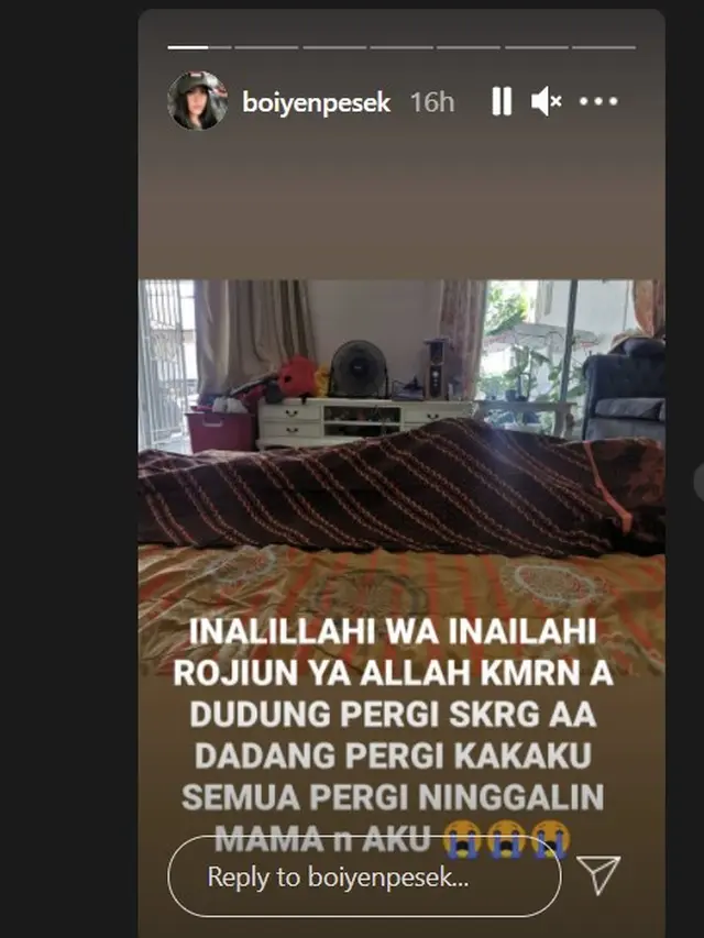 Boiyen tak bisa menyembunyikan rasa sedihnya mengetahui dua kakak kandungnya meninggal dunia (Instagram Stories)