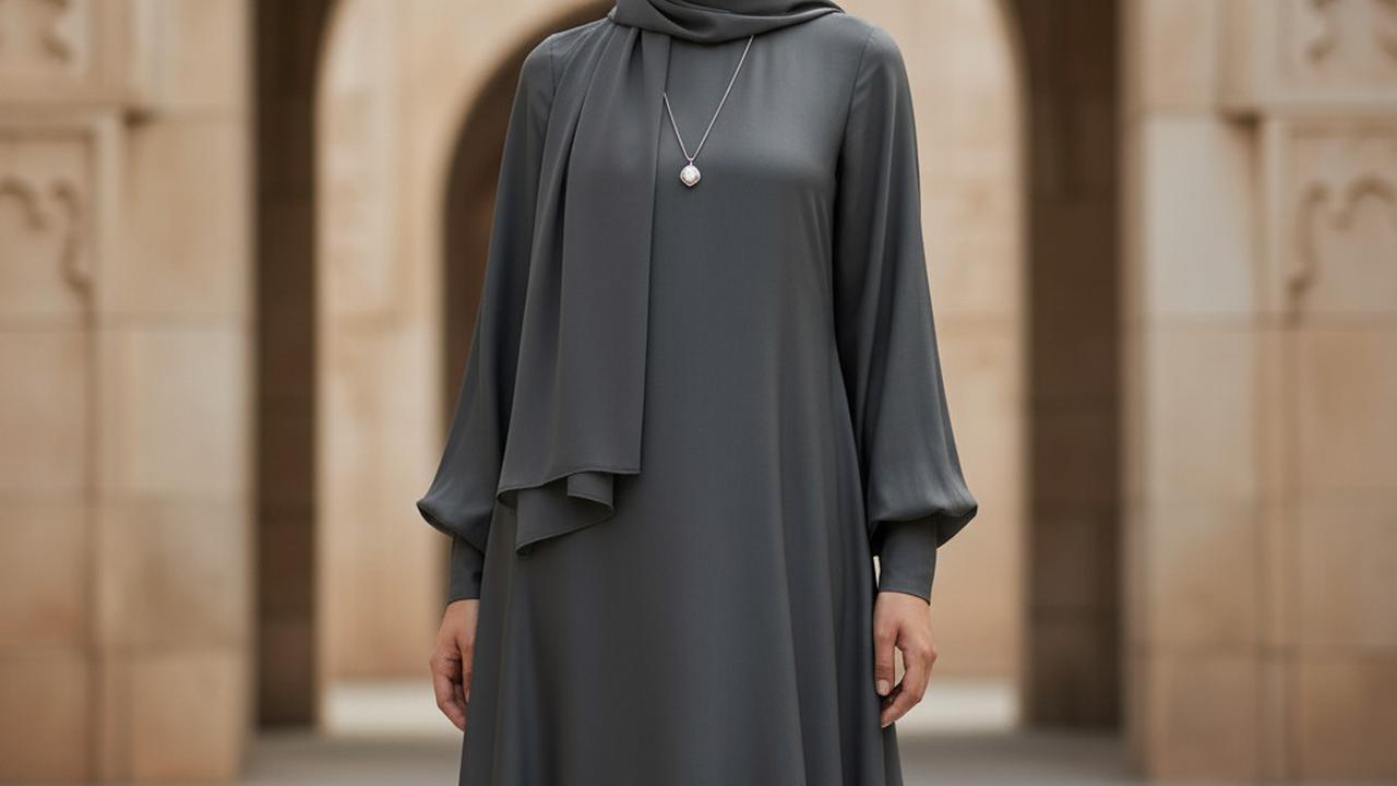 Gamis Polos Abu Tua A-Line dengan Lengan Balon (Puffy Sleeves) dan Kerah Tinggi