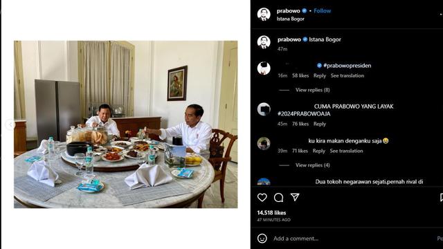 Menteri Pertahanan (Menhan) Prabowo Subianto bertemu dengan Presiden Joko Widodo di Istana Bogor. (Instagram @prabowo)