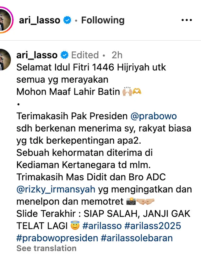 Unggahan Ari Lasso. (Foto: Dok. Instagram @ ari_lasso)