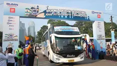 Pelepasan mudik gratis Mudik Bareng BRI di kawasan Senayan, Jakarta, Selasa (28/5/2019). PT Bank Rakyat Indonesia (Persero) Tbk kembali menggelar program Mudik Bareng BRI menjelang Hari Raya Idul Fitri 1440H/2019. (Liputan6.com/Pool/BRI)