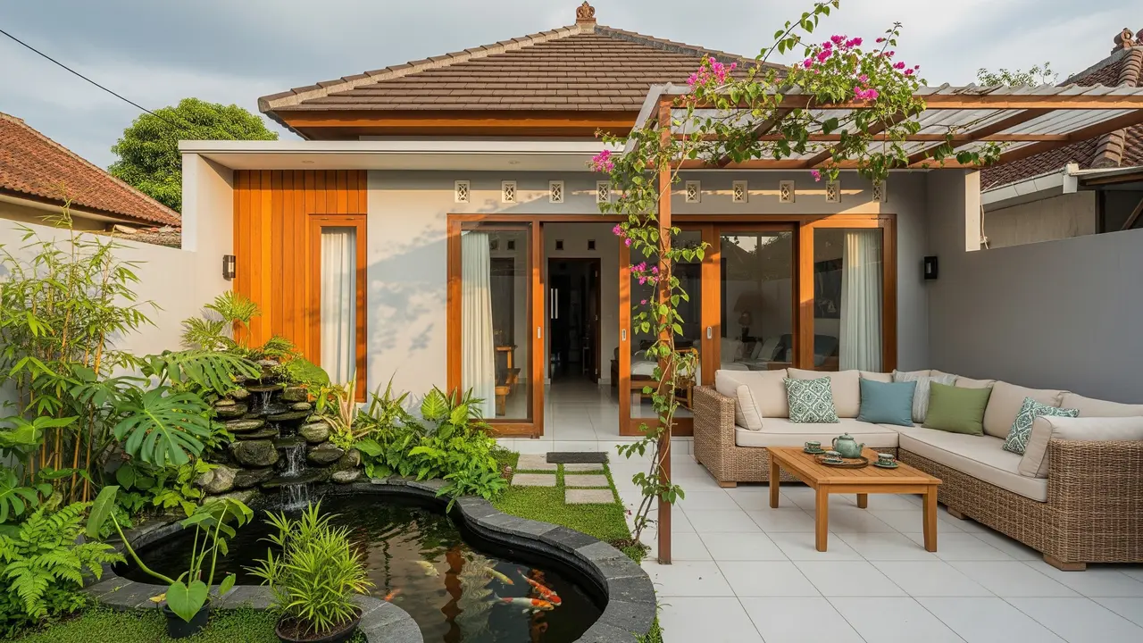 Desain Belakang Rumah Minimalis yang Cocok untuk Kolam Ikan Kecil dan Sudut Santai Keluarga
