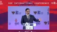 Menteri Koordinator Bidang Kemaritiman dan Investasi Luhut Binsar Pandjaitan dalam Pembukaan SOE International Conference dan Peluncuran Indonesia Water Fund (IWF) di Bali, Senin (17/10).