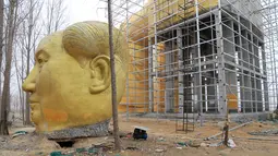 Patung kepala Presiden pertama Cina, Mao Zedong ditempatkan di tanah saat proses penyelesaian pembangunannya di ladang Desa Tongxu, Henan, Cina (4/1). Menurut warga, patung tersebut menghabiskan sekitar USD 460.000 atau Rp 6,4 miliar. (Reuters/Stringer)