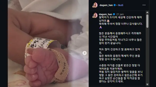 Postingan Kelahiran Anak Pertama Han Da Gam. (Instagram.com/dagam_han)