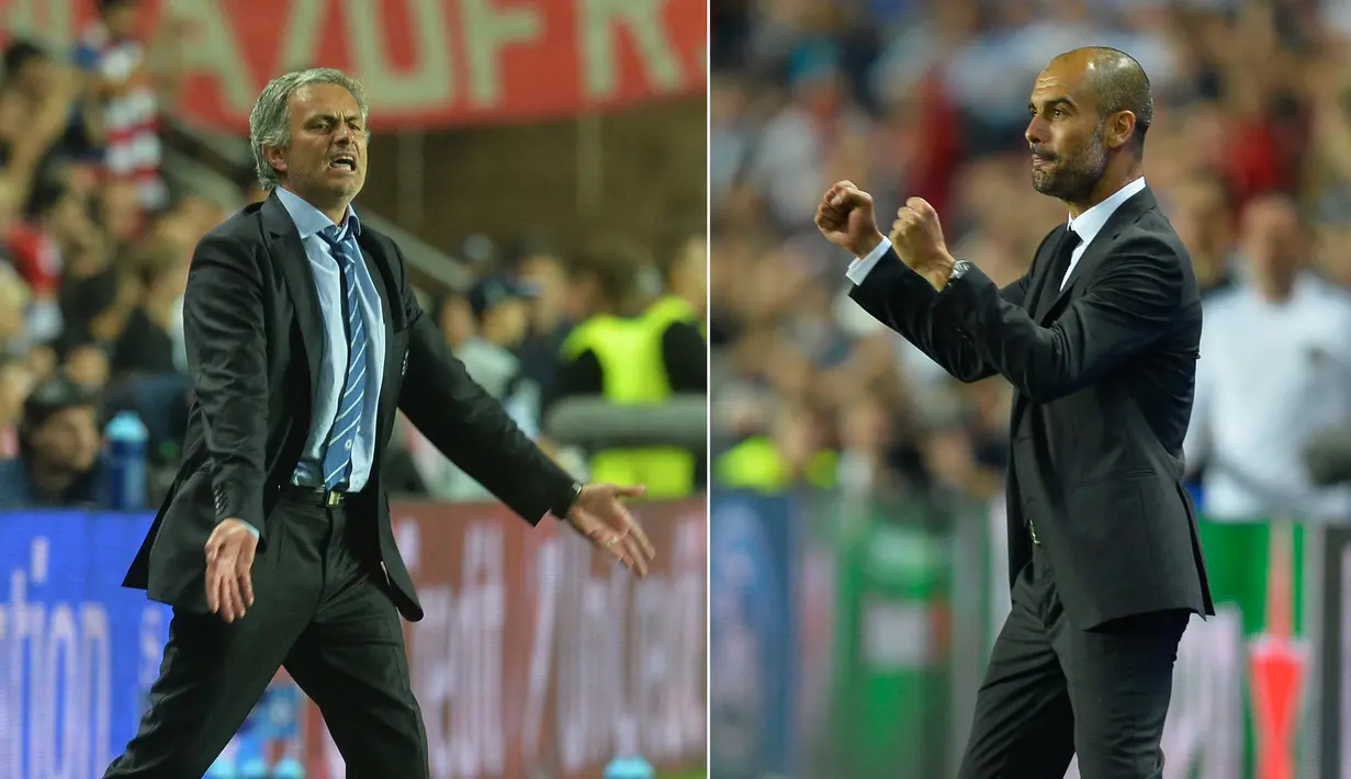 Jose Mourinho bersama Josep Guardiola saat pertandingan Piala Super di Stadion Eden, Praha (30/8/2013). Mourinho resmi dikontrak MU untuk musim 2016/2017 selama 3 tahun. (AFP PHOTO/Michal Cizek)