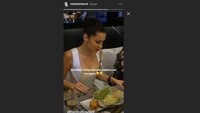 Maia Estianty mengunggah kala model asal Amerika Serikat Bella Hadid hendak mencicipi nasi bungkus. (Foto: Instagram @maiaestiantyreal)