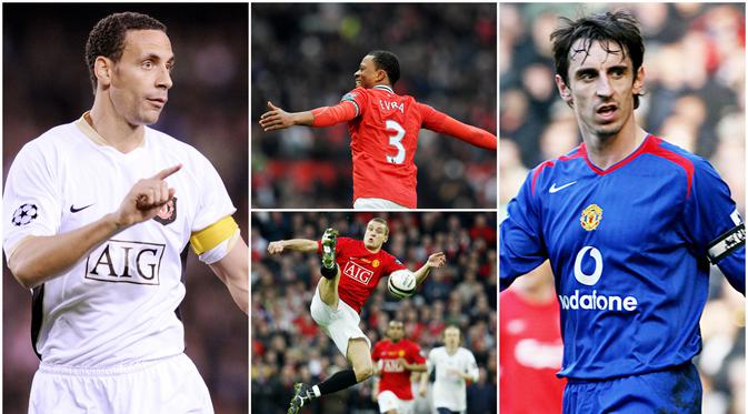 Berikut ini barisan bek tangguh yang pernah membuat lini pertahanan Manchester United begitu kokoh dan disegani lawan. Dua diantaranya adalah Rio Ferdinand dan Gary Neville. (Foto Kolase AFP)