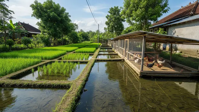 Konsep Pertanian Terpadu Mini dengan Ayam, Ikan, dan Sayuran di Satu Lahan/Gemini AI