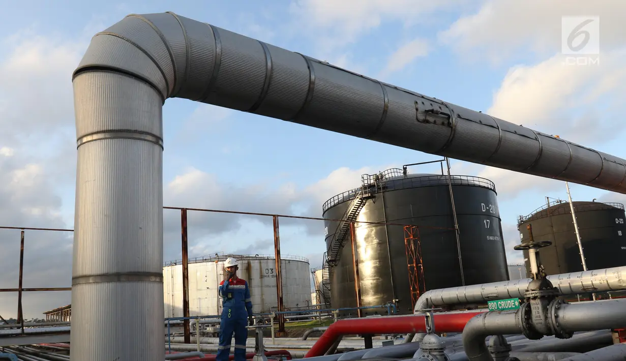 Petugas melakukan pengecekan di area Refinery Unit V Balikpapan, Kalimantan Timur, Senin (22/7/2019). Proyek Refinery Development Master Plan (RDMP) Balikpapan merupakan satu dari proyek pengembangan dan peningkatan kapasitas kilang yang dilakukan Pertamina. (Liputan6.com/Angga Yuniar)