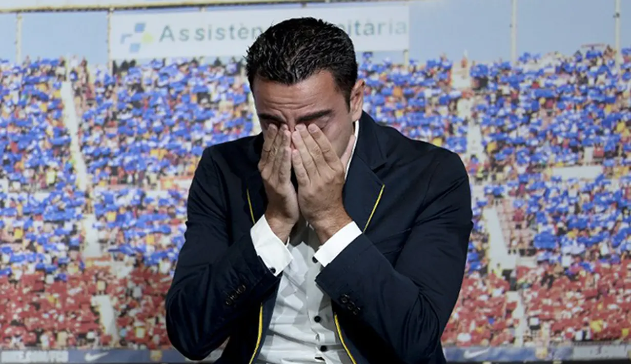 Ekspresi unik Xavi Hernandez gelandang Barcelona jelang final Liga Champions melawan Juventus.