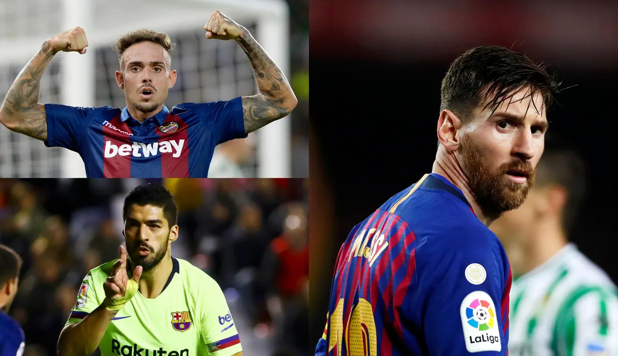 Lionel Messi memimpin puncak top scorer sementara La Liga dengan 14 Gol. Berikut pemain yang masuk bursa pencetak gol terbanyak liga Spanyol. Diantaranya, Luis Suarez dan Stuani. (Foto Kolase AP dan AFP)
