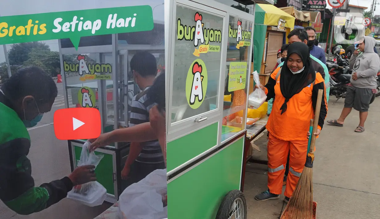Warga mengantre untuk mendapatkan bubur gratis di kawasan  pintu keluar tol Kukusan Depok, Jawa Barat, Kamis (20/1/20222). Sumber dananya berasal dari dana pribadi seorang pengusaha warteg dan donasi dari berbagai elemen masyarakat sebagai wujud kepedulian kepada sesama. (merdeka.com/Arie Basuki)
