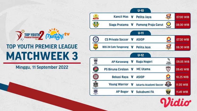 Link Live Streaming Top Youth Premier League Matchweek 3 Minggu