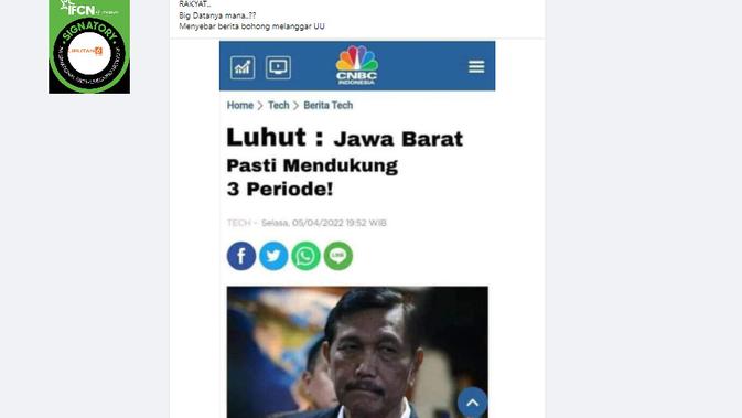 Cek Fakta Liputan6.com menelusuri klaim artikel pernyataan Luhut Jawa Barat pasti mendukung 3 periode
