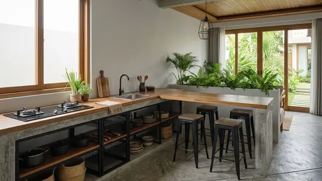 Dapur Minimalis Monokrom dengan Rak Besi