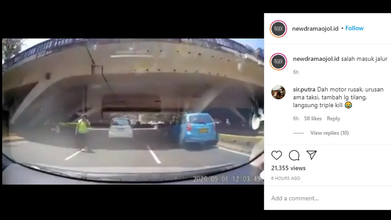 Sebuah video yang dibagikan akun Instagram @newdramaojol.id memperlihatkan sebuah motor yang melakukan pelanggaran mengalami kecelakaan