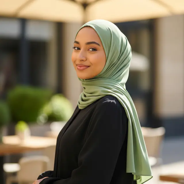 Gamis Hitam dan Hijab Sage Green untuk Wajah Sawo Matang