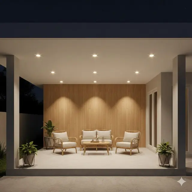 Teras terasa lapang dengan Lampu Downlight Tersembunyi (Gemini AI)