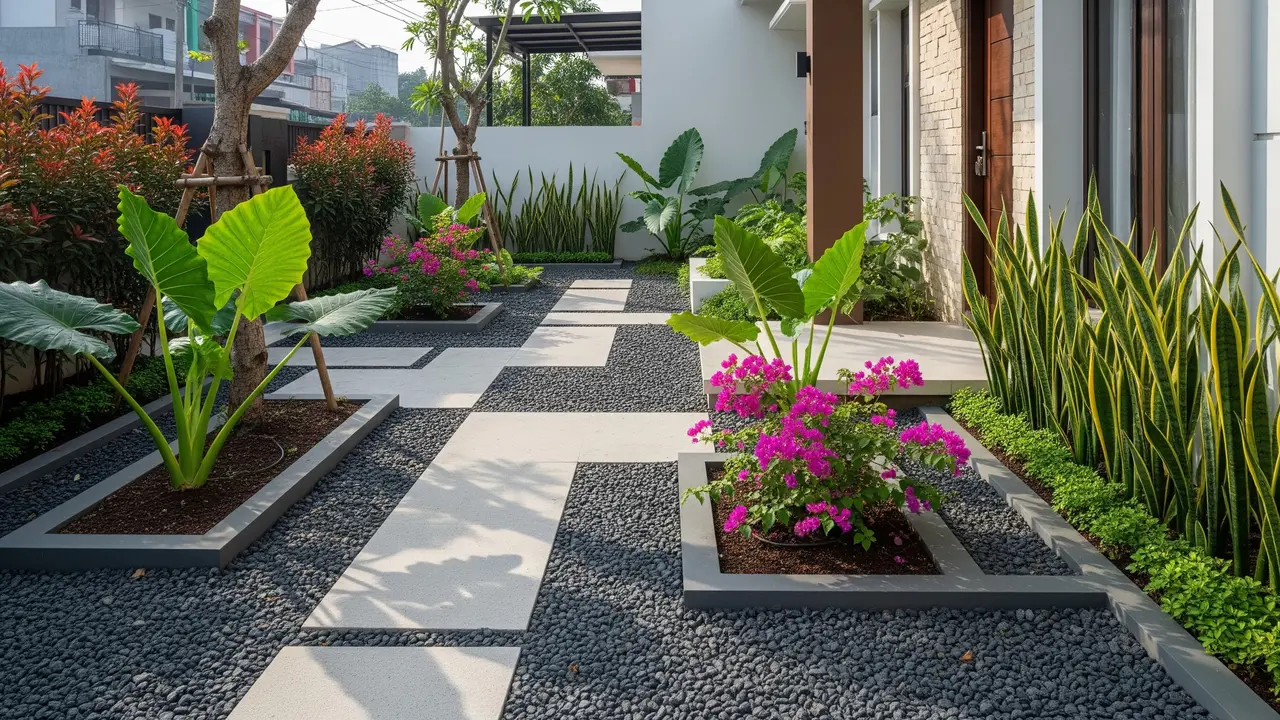 Desain Taman Depan Rumah Minim Perawatan yang Tetap Terlihat Rapi Sepanjang Tahun/AI Generated