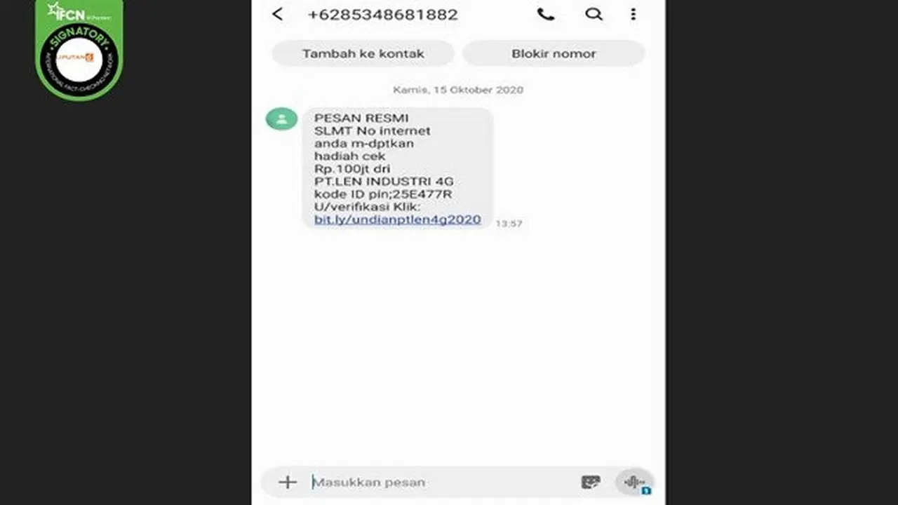 Gambar Tangkapan Layar Foto SMS Hoaks Mencatut PT Len Industri
