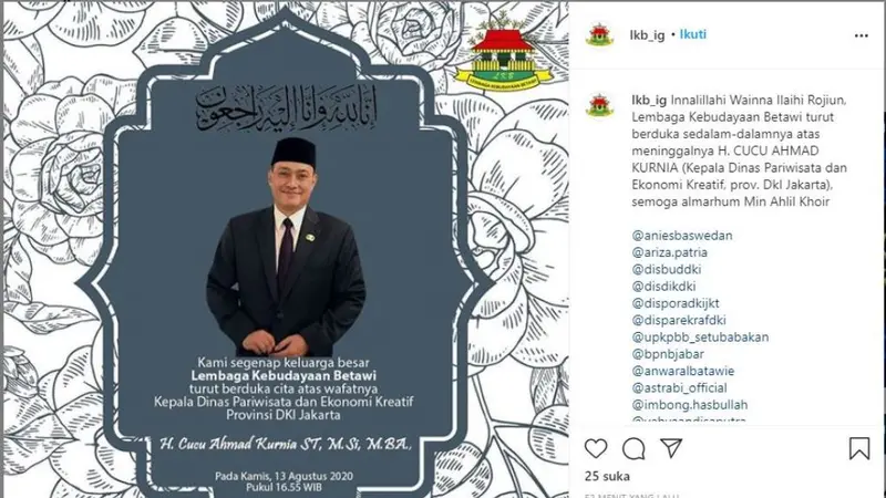 Kadis Pariwisata dan Ekonomi Kreatif DKI Cucu Ahmad Kurnia Tutup Usia