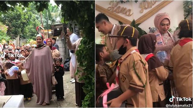 Momen Murid SD Hadiri Nikahan Ibu Guru, Heboh Pakai Seragam Pramuka dan Bawa Kado
