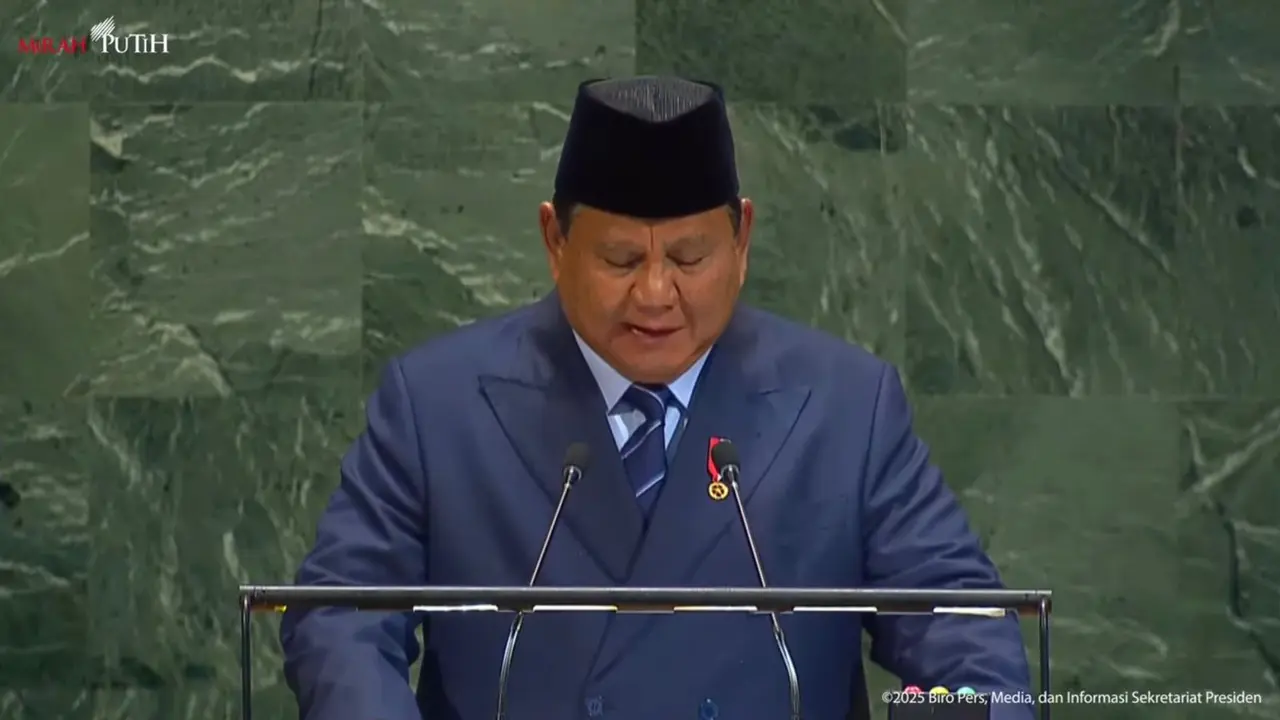 Presiden Prabowo Subianto menyampaikan pidato di Sidang Umum Perserikatan Bangsa-Bangsa (PBB) ke-80, Selasa (23/9/2025).