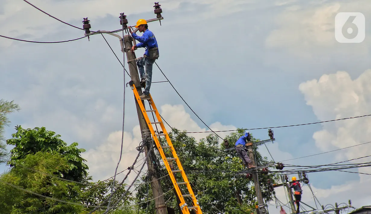 Petugas melakukan perawatan kabel listrik di kawasan Kosambi, Tangerang, Senin (9/1/2023). Pemerintah tidak menaikkan tarif listrik periode Januari hingga Maret 2023 untuk 13 golongan pelanggan non subsidi. (Liputan6.com/Angga Yuniar)