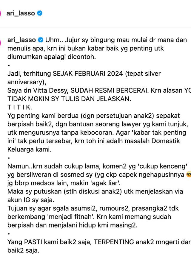 Unggahan Ari Lasso. (Foto: Dok. Instagram @ari_lasso)