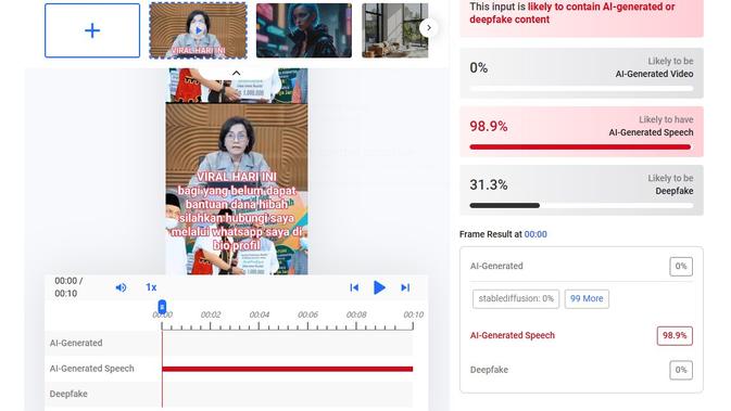 Video klaim Sri Mulyani mengumumkan bantuan hibah menunjukkan hasil AI. (Foto: tangkapan layar Hive Moderation)