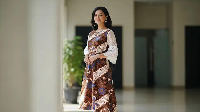 Dress Batik Brokat A-Line dengan Bishop Sleeve