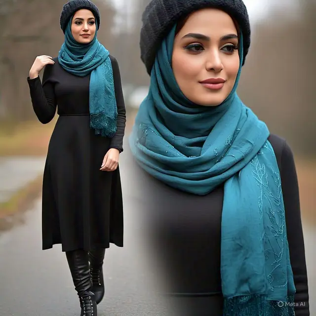 Dress Hitam Turtleneck dengan Hijab Teal Blue