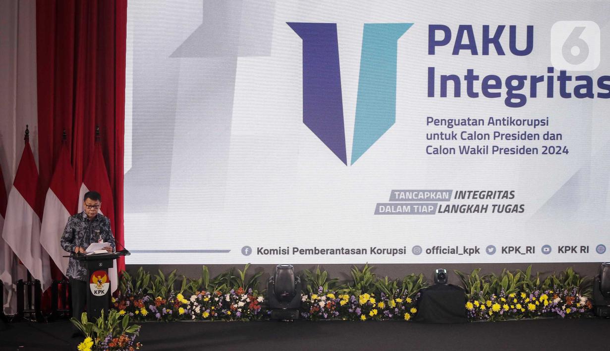 Ketua sementara Komisi Pemberantasan Korupsi (KPK) Nawawi Pomolango menyampaikan paparan terkait kendala penanganan korupsi di Indonesia saat kegiatan Paku Integritas di Gedung Merah Putih KPK, Jakarta, Rabu (17/1/2024). (Liputan6.com/Angga Yuniar)