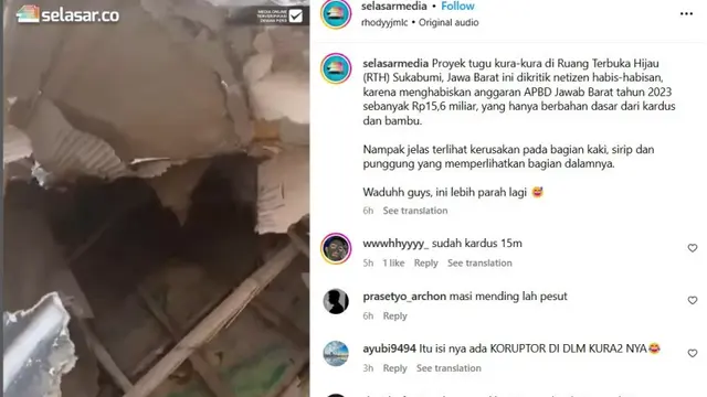 Proyek Tugu Kura-Kura Senilai Rp15 Miliar di Sukabumi Rusak, Bahannya Diduga dari Kardu.  foto: Instagram @selasarmedia. Video: Eko Likeeath