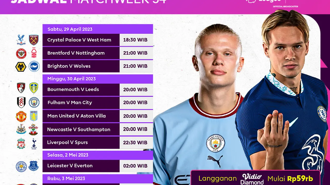 Daftar Pertandingan Liga Inggris 2022/2023 Matchweek 34 di Vidio, 29 April - 3 Mei 2023