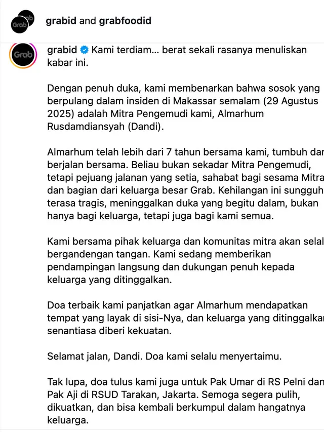 Pernyataan sikap dan klarifikasi dari Grab Indonesia terkait kabar Rusdamdiansyah meninggal dunia. (Foto: Dok. Instagram @grabid)