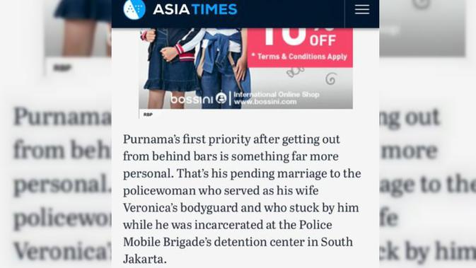 Kabar pernikahan Ahok usai bebas juga sempat dikabarkan Asia Times.com, Selasa, 4 September 2018. (FOTO: screen capture)