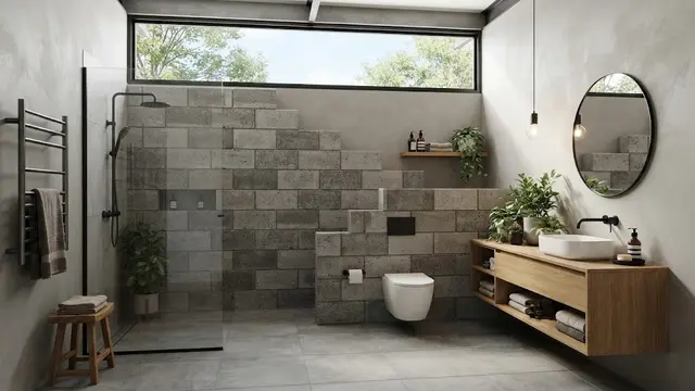 Desain Kamar Mandi dengan Jendela Atas dan Dinding Privasi Bertingkat
